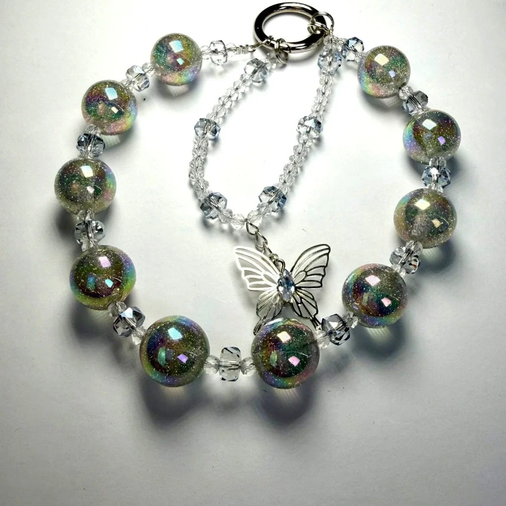 Fairycore‎ Iridescent Glitter Butterfly Beaded Bag Charm Keychain Y2K Whimsical
